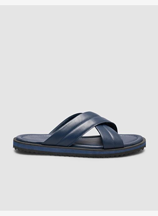 %100 Hakiki Deri Lacivert Erkek Terlik - Görsel 2