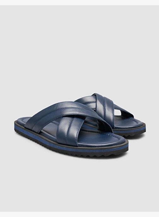 %100 Hakiki Deri Lacivert Erkek Terlik - Görsel 3