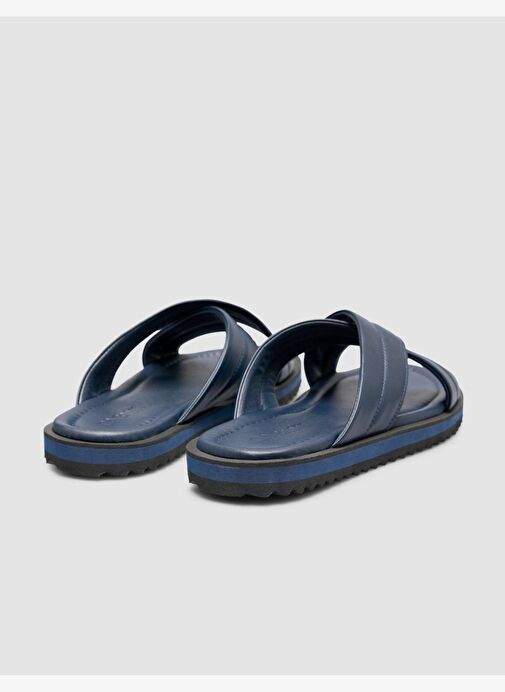 %100 Hakiki Deri Lacivert Erkek Terlik - Görsel 4