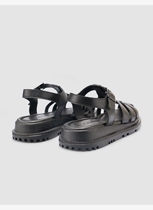 %100 Hakiki Deri Siyah Kadın Sandalet - Görsel 4