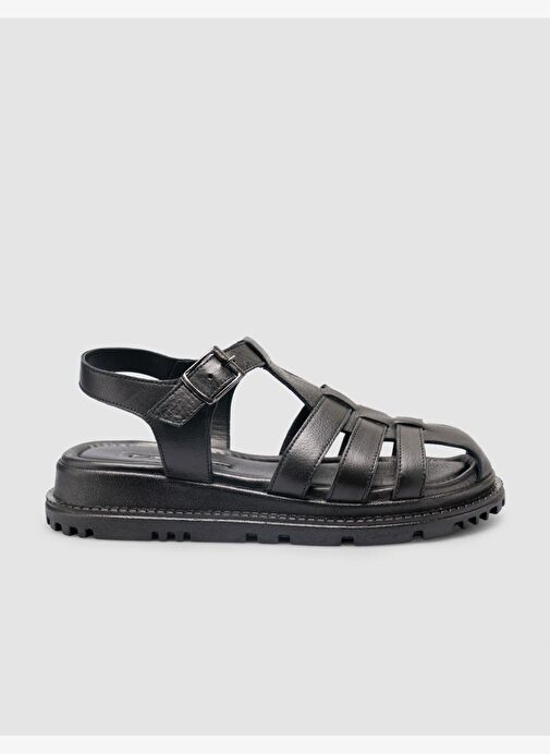 %100 Hakiki Deri Siyah Kadın Sandalet - Görsel 2