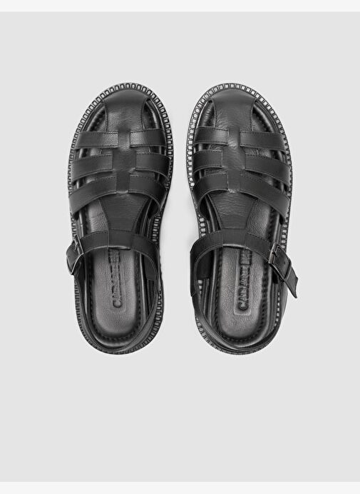 %100 Hakiki Deri Siyah Kadın Sandalet - Görsel 5