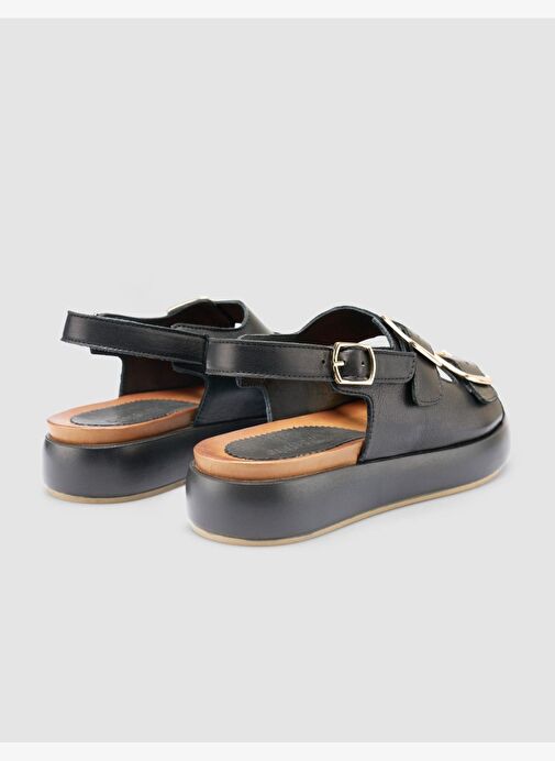 %100 Hakiki Deri Siyah Kadın Sandalet - Görsel 4