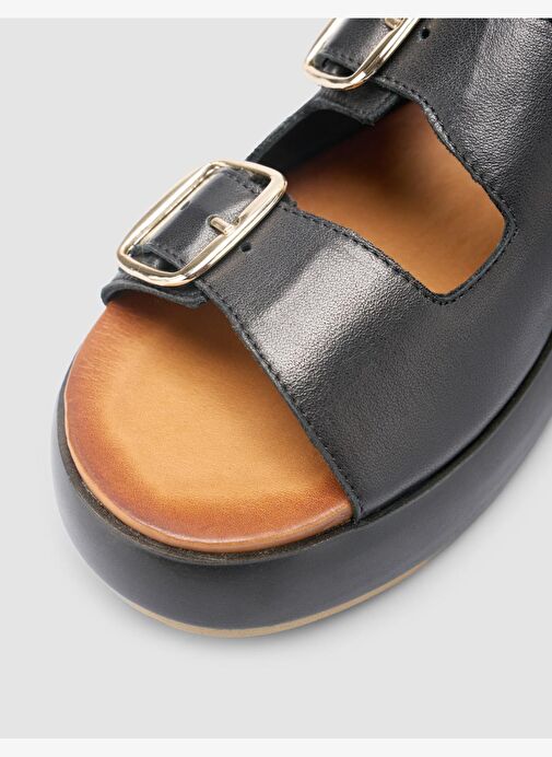 %100 Hakiki Deri Siyah Kadın Sandalet - Görsel 8