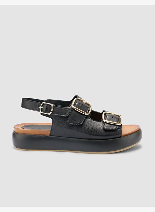 %100 Hakiki Deri Siyah Kadın Sandalet - Görsel 2