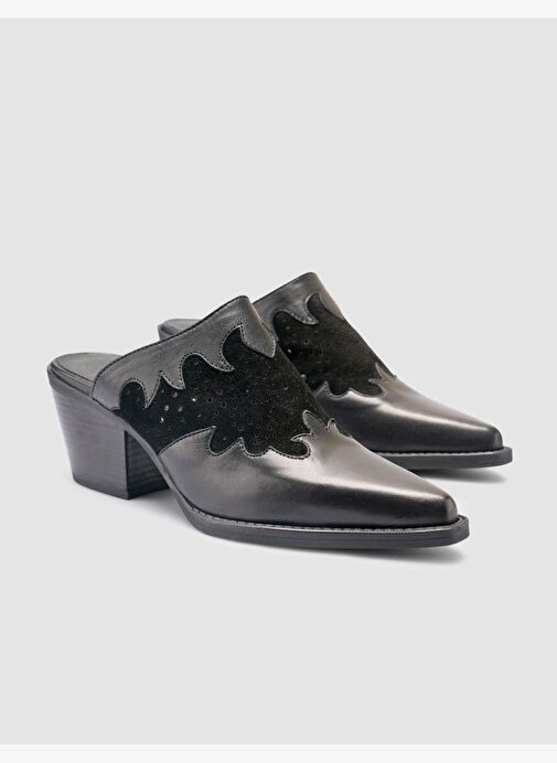 %100 Hakiki Deri Siyah Kadın Kovboy Terlik - Görsel 3