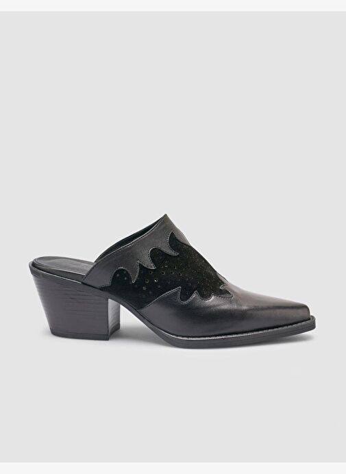 %100 Hakiki Deri Siyah Kadın Kovboy Terlik - Görsel 2