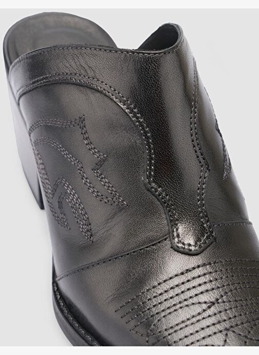 %100 Hakiki Deri Siyah Kadın Kovboy Terlik - Görsel 7