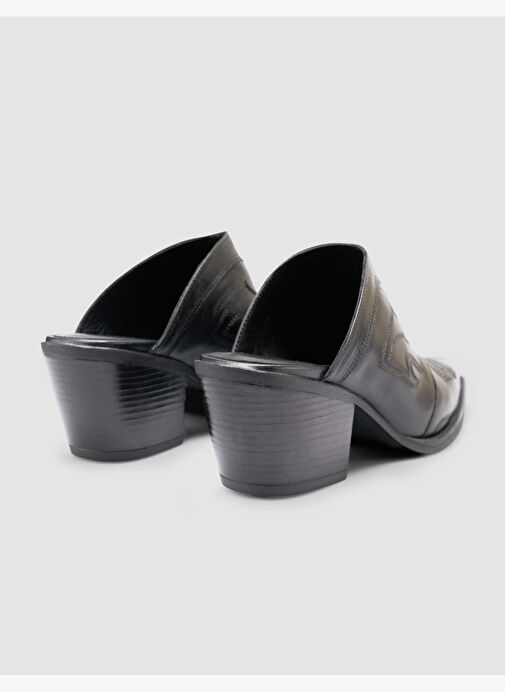 %100 Hakiki Deri Siyah Kadın Kovboy Terlik - Görsel 4