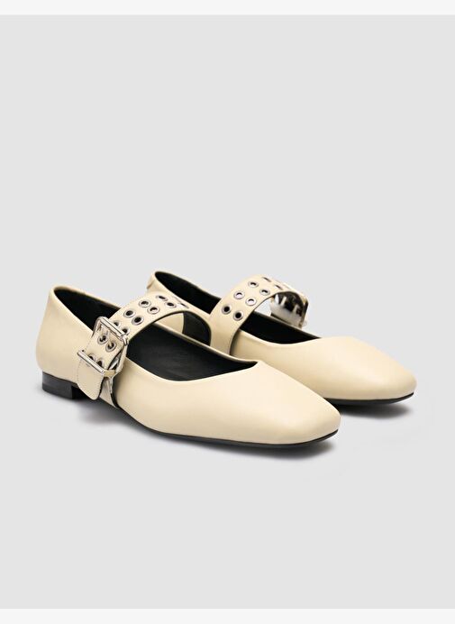 %100 Hakiki Deri Bej Kadın Babet - Görsel 3