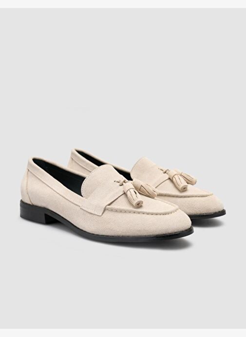%100 Hakiki Deri Bej Süet Kadın Loafer - Görsel 3