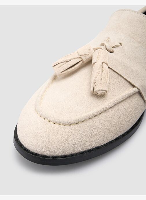 %100 Hakiki Deri Bej Süet Kadın Loafer - Görsel 8
