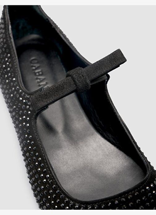 %100 Hakiki Deri Siyah Süet Taş Detaylı Kadın Babet - Görsel 7