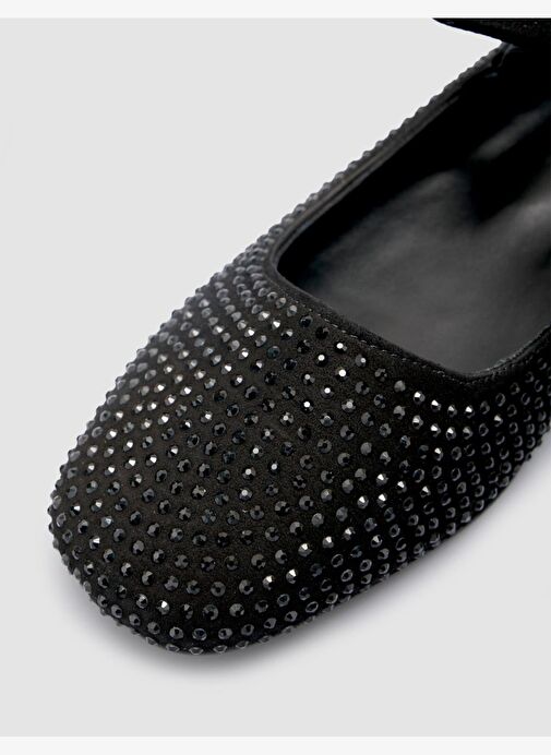 %100 Hakiki Deri Siyah Süet Taş Detaylı Kadın Babet - Görsel 8