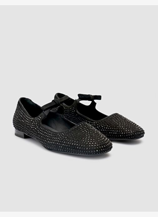 %100 Hakiki Deri Siyah Süet Taş Detaylı Kadın Babet - Görsel 3