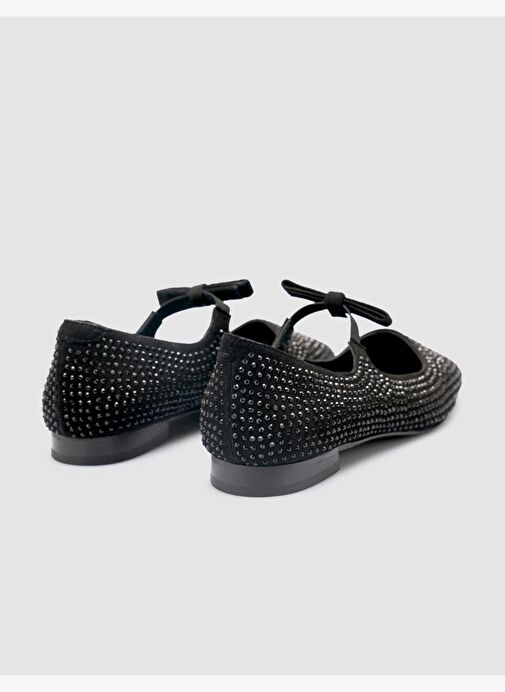 %100 Hakiki Deri Siyah Süet Taş Detaylı Kadın Babet - Görsel 4