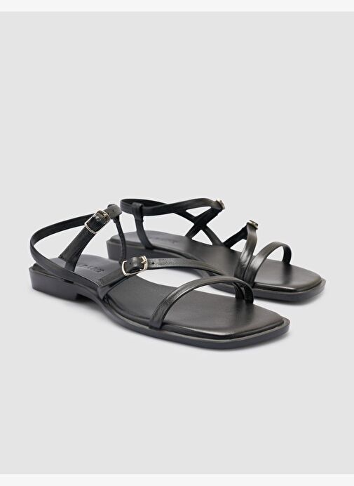%100 Hakiki Deri Siyah Kadın Sandalet - Görsel 3