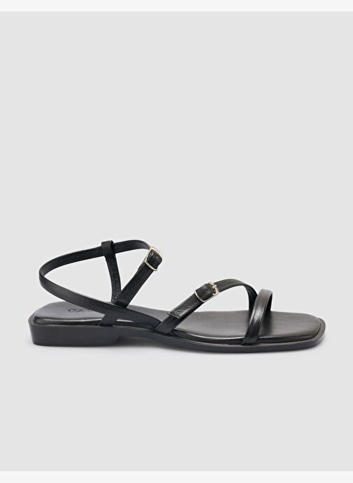 %100 Hakiki Deri Siyah Kadın Sandalet - Görsel 2