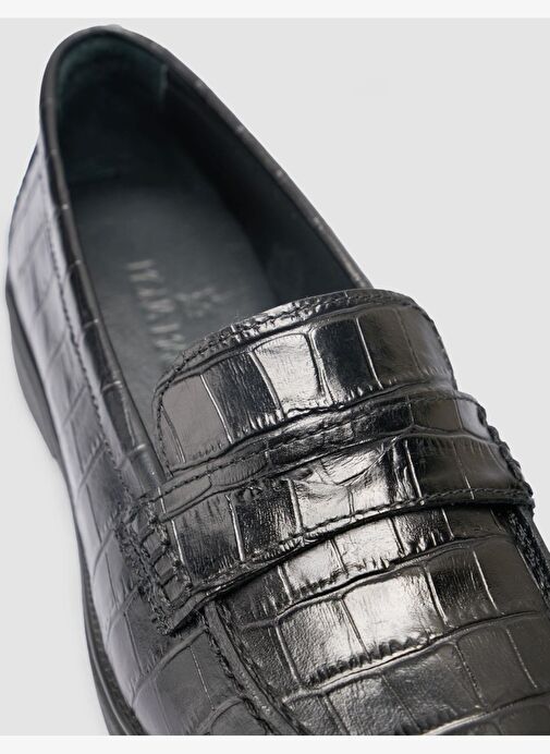 %100 Hakiki Deri Siyah Croco Desen Kadın Loafer - Görsel 7