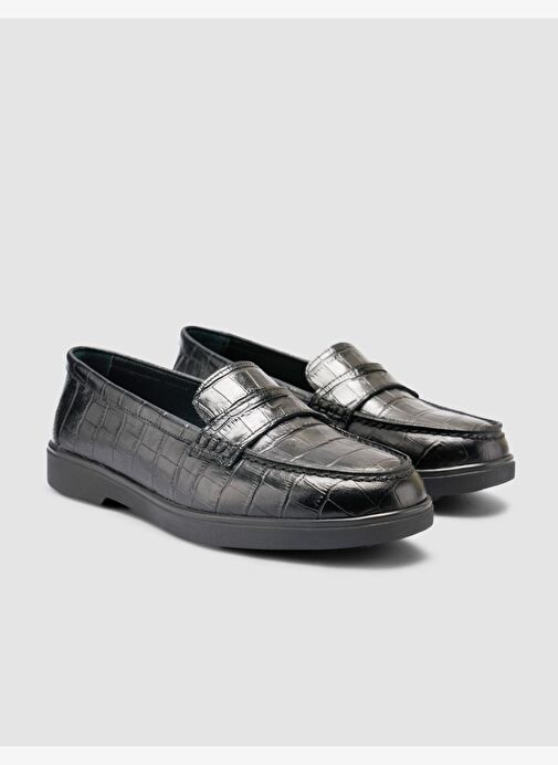 %100 Hakiki Deri Siyah Croco Desen Kadın Loafer - Görsel 3