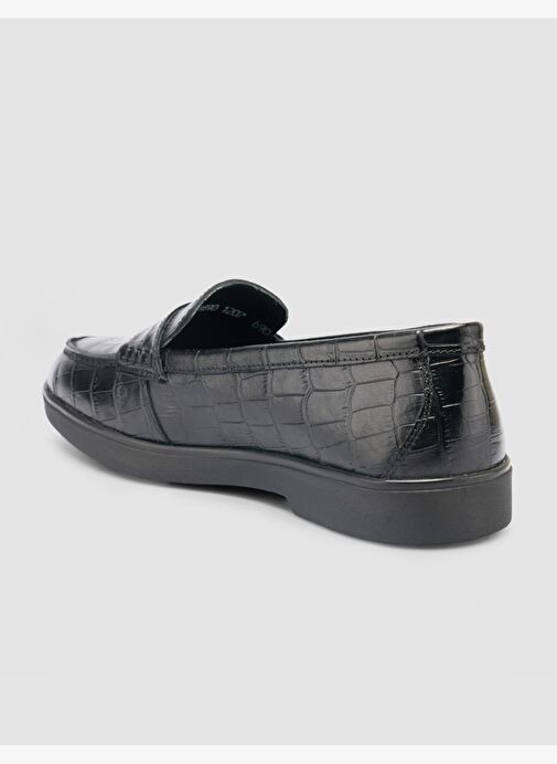 %100 Hakiki Deri Siyah Croco Desen Kadın Loafer - Görsel 6