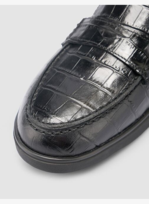 %100 Hakiki Deri Siyah Croco Desen Kadın Loafer - Görsel 8