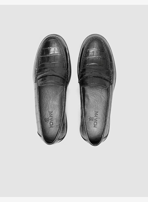 %100 Hakiki Deri Siyah Croco Desen Kadın Loafer - Görsel 5