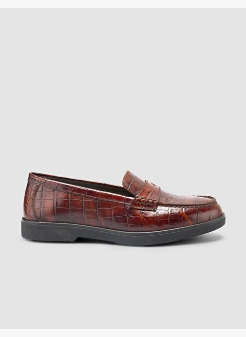 %100 Hakiki Deri Kahverengi Croco Desen Kadın Loafer - Görsel 2