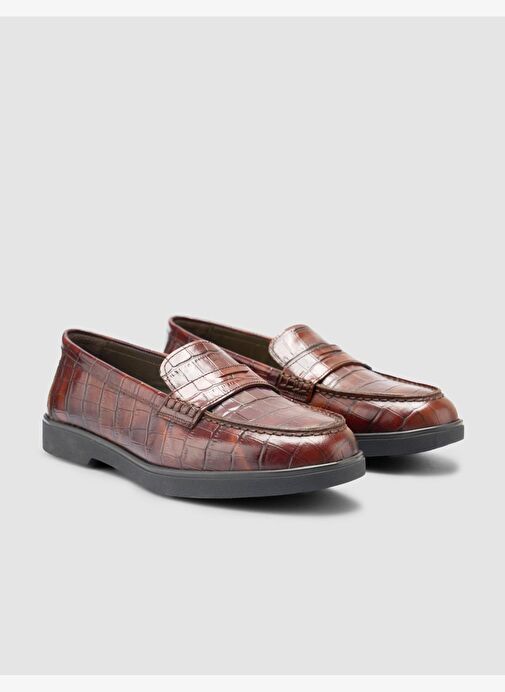 %100 Hakiki Deri Kahverengi Croco Desen Kadın Loafer - Görsel 3