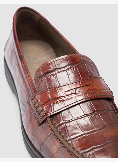 %100 Hakiki Deri Kahverengi Croco Desen Kadın Loafer - Görsel 7