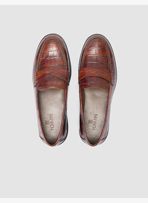 %100 Hakiki Deri Kahverengi Croco Desen Kadın Loafer - Görsel 5