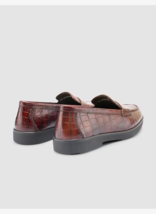 %100 Hakiki Deri Kahverengi Croco Desen Kadın Loafer - Görsel 4