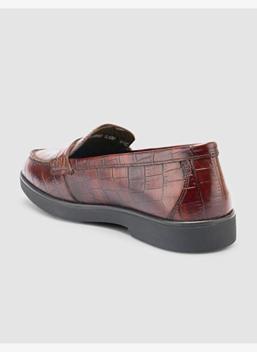%100 Hakiki Deri Kahverengi Croco Desen Kadın Loafer - Görsel 6