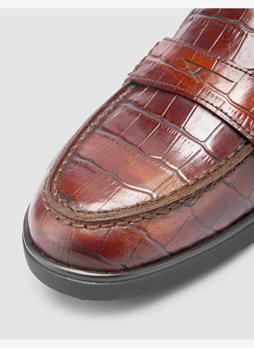 %100 Hakiki Deri Kahverengi Croco Desen Kadın Loafer - Görsel 8
