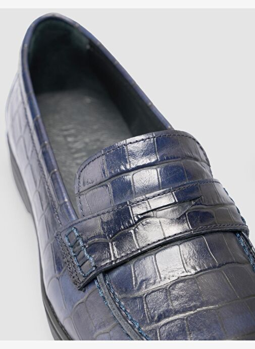 %100 Hakiki Deri Lacivert Croco Desen Kadın Loafer - Görsel 7