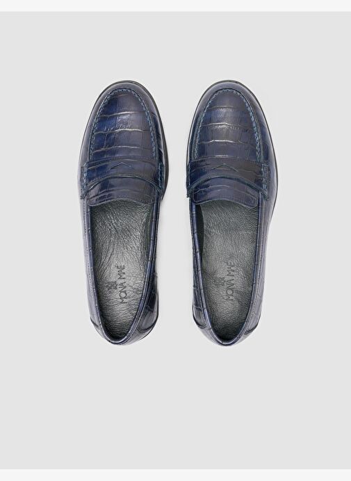%100 Hakiki Deri Lacivert Croco Desen Kadın Loafer - Görsel 5