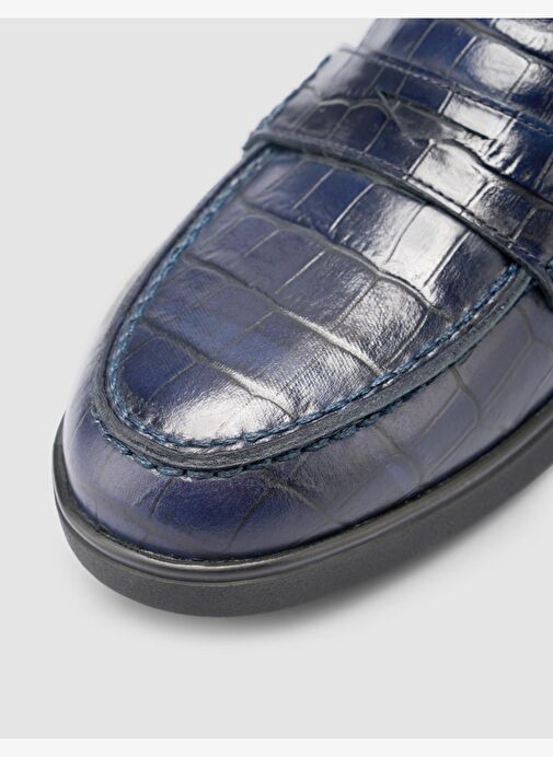 %100 Hakiki Deri Lacivert Croco Desen Kadın Loafer - Görsel 8