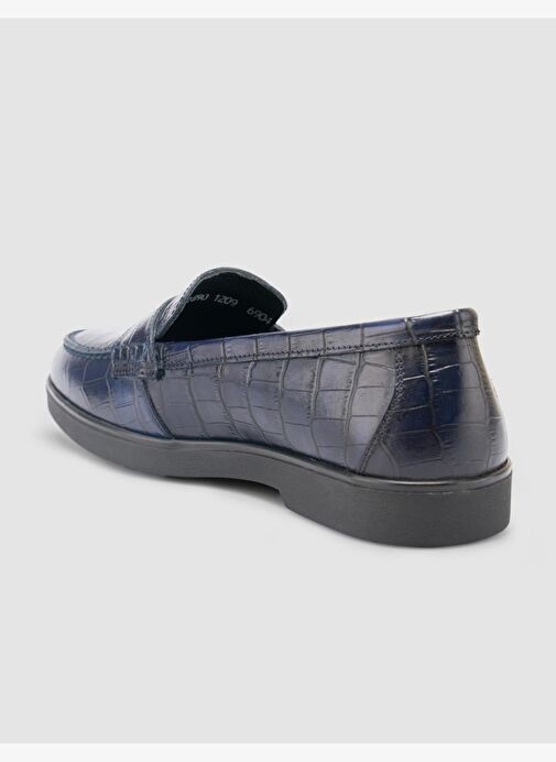 %100 Hakiki Deri Lacivert Croco Desen Kadın Loafer - Görsel 6
