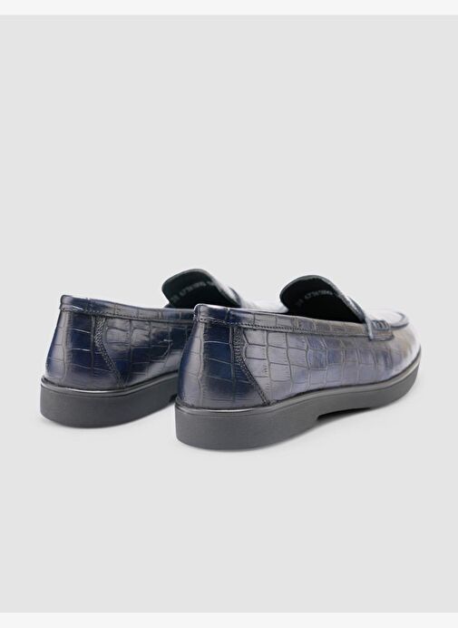 %100 Hakiki Deri Lacivert Croco Desen Kadın Loafer - Görsel 4