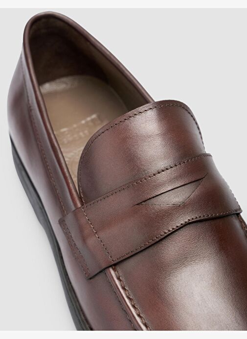 %100 Hakiki Deri Düz Kahverengi Erkek Loafer - Görsel 7