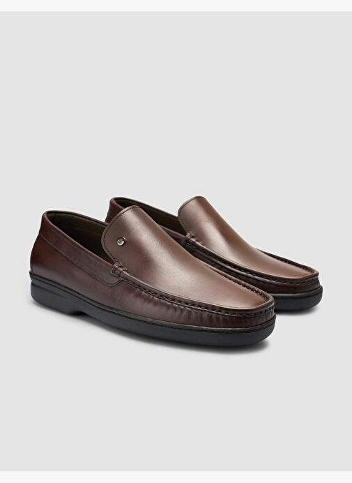%100 Hakiki Deri Dikiş Detaylı Kahverengi Loafer Ayakkabı - Görsel 3