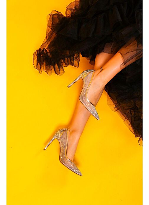 Nevesta Kadın Abiye Topuklu Ayakkabı Dore Taşlı - Görsel 3