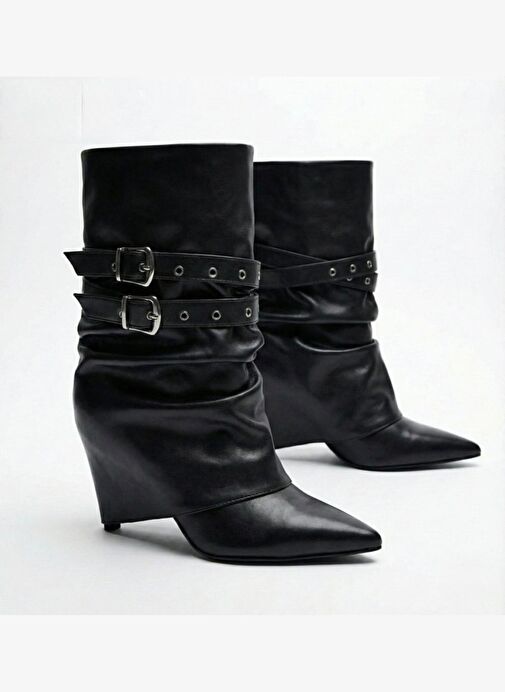 Kadın Siyah Kısa Körüklü Tokalı Sivri Burun Çizme - Görsel 2