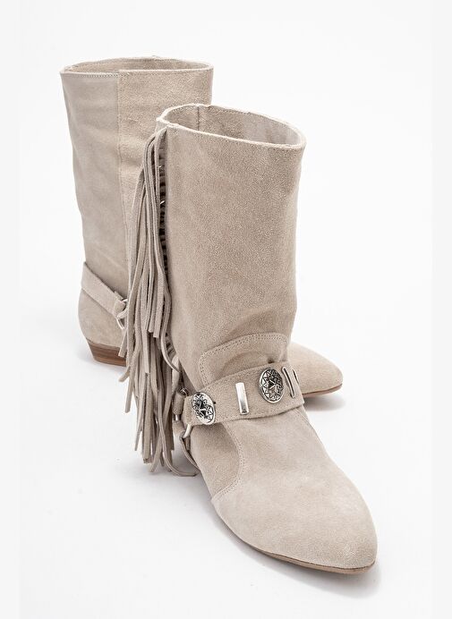 SELORA Bej Süet Püsküllü Hakiki Deri Tokalı Kadın Western Bot - Görsel 2