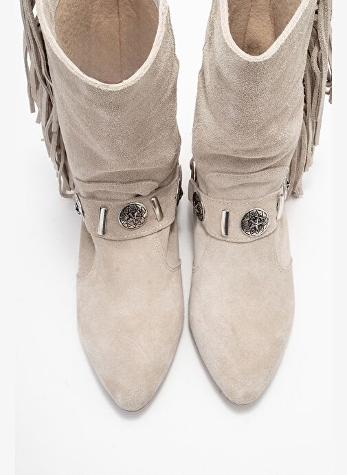 SELORA Bej Süet Püsküllü Hakiki Deri Tokalı Kadın Western Bot - Görsel 3