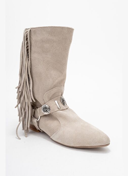 SELORA Bej Süet Püsküllü Hakiki Deri Tokalı Kadın Western Bot - Görsel 4