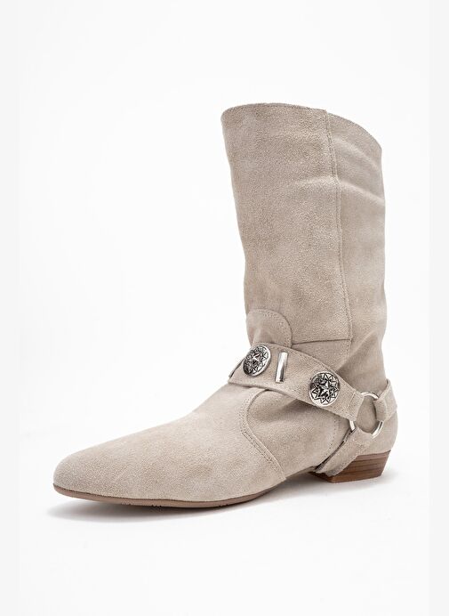 SELORA Bej Süet Püsküllü Hakiki Deri Tokalı Kadın Western Bot - Görsel 5