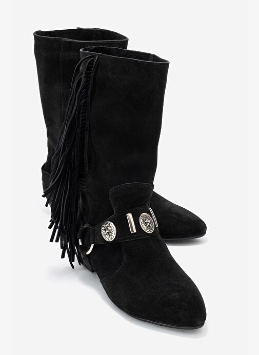 SELORA Siyah Süet Püsküllü Hakiki Deri Tokalı Kadın Western Bot - Görsel 2