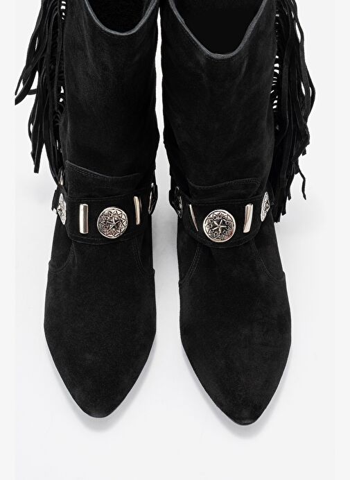 SELORA Siyah Süet Püsküllü Hakiki Deri Tokalı Kadın Western Bot - Görsel 3