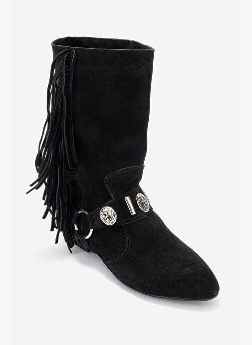 SELORA Siyah Süet Püsküllü Hakiki Deri Tokalı Kadın Western Bot - Görsel 4